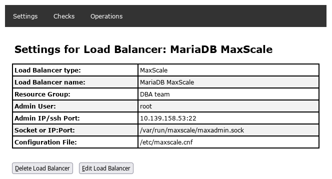 Settings tab of MaxScale Load Balancer